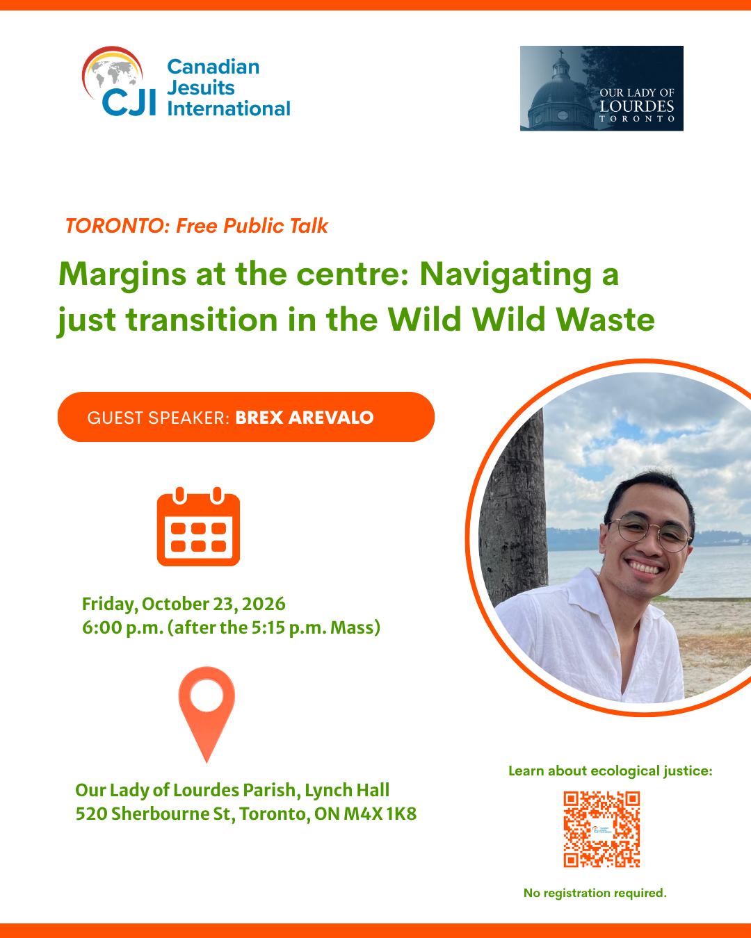 Don't miss this CJI and  @lourdestoronto parish event in TORONTO this Friday, October 23, at 6 p.m. 

Brex Arevalo is an environmental planner, climate justice advocate, and researcher who has dedicated his career to promoting environmental and social justice in the Asia-Pacific region. 

After spending years at Ecojesuit — the global communications platform and online resource centre for the Global Ignatian Advocacy Network — where his work was guided by Ignatian values, Brex now works with urban poor communities in Manila, Philippines, as Climate and Anti-Incineration Campaigner for the Global Alliance for Incinerator Alternatives (GAIA). He supports the advocacy efforts of these communities, whose homes, livelihoods, and dignity are threatened by a destructive waste-burning facility. 

He also advocates for policies that support a safe and just energy transition in the Global South.