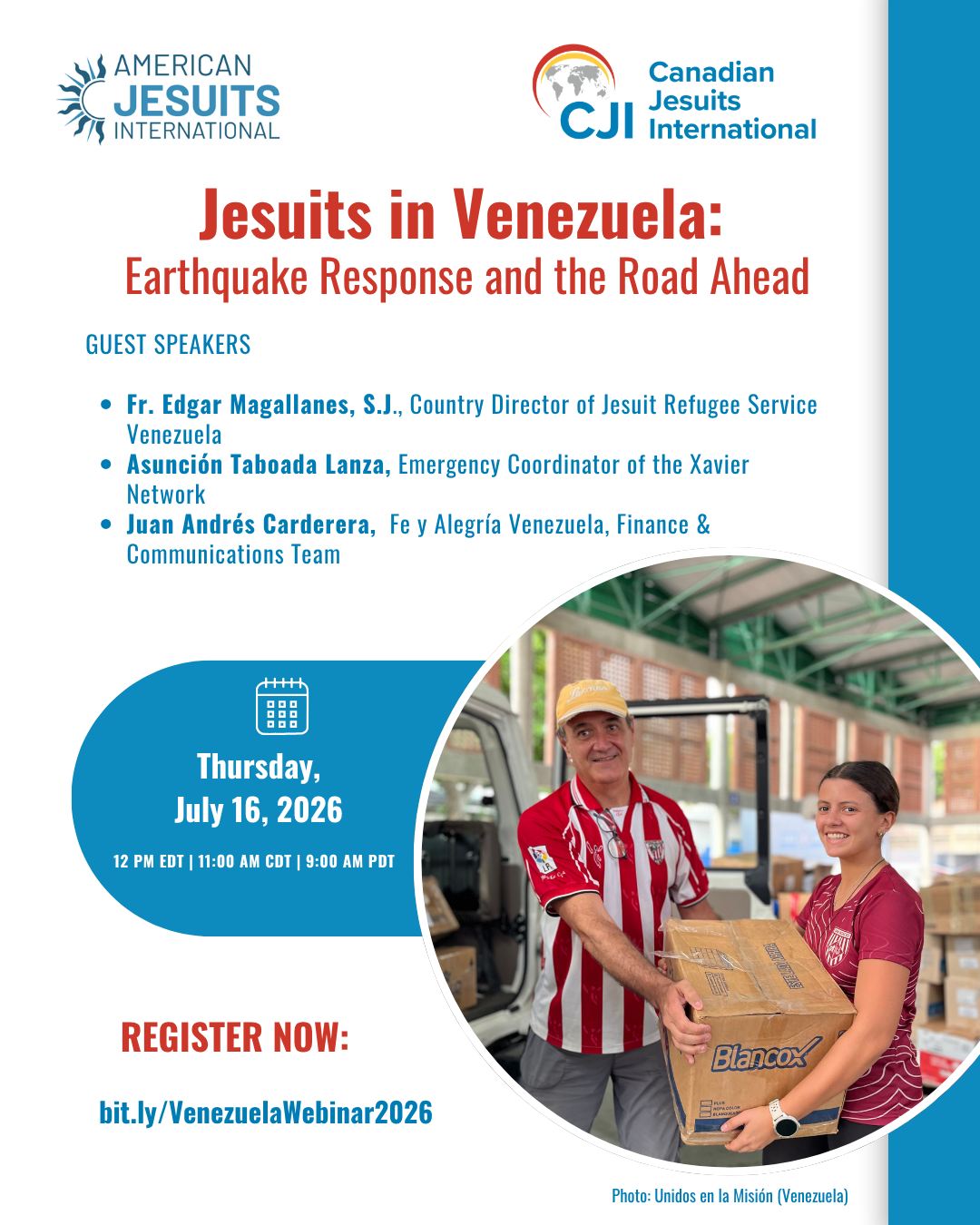 Canadian Jesuits International and other Jesuit development organizations and mission offices belonging to the Xavier Network have responded quickly to the disaster by launching a coordinated appeal for Venezuela. 

Our Jesuit partners are providing immediate aid and support to families and communities affected by the earthquakes, while also starting to plan the long-term recovery process.

On Thursday, July 16, at 12 p.m. we will have the opportunity to learn more from our partners about how the Jesuit response is being coordinated. 

Register now:  CLICK LINK IN BIO,  or go to:  bit.ly/VenezuelaWebinar2026 

https://bit.ly/VenezuelaWebinar2026