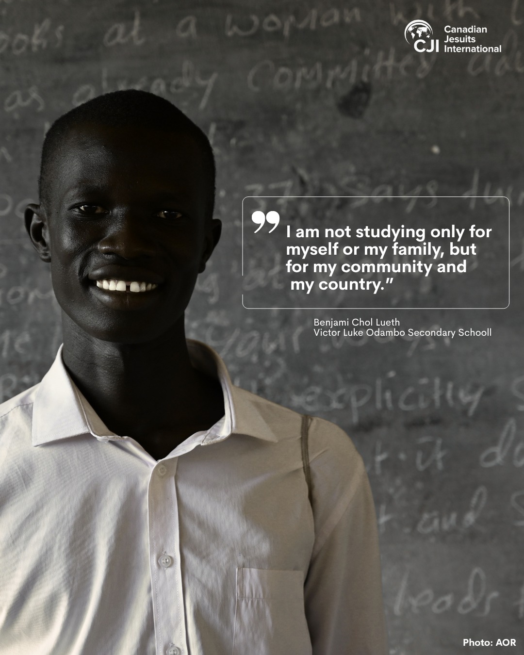 “Going to school changed my life,” says Benjamin Chol Lueth, who comes from a cattle-raising community in Ayel, South Sudan. 

Benjamin is in his fourth year at the Jesuit-run Victor Luke Odambo Secondary School. He has six siblings, but he’s the only one in school. His brothers work with cattle, and his sisters were married when they were young.  His father decided that Benjamin would go to school, even though the family didn’t have much money. 

Victor Luke Odambo Secondary School is supported by Canadian Jesuits International (CJI) and other members of the Xavier Network as part of the Jesuits Eastern Africa Province’s @aorjesuits  Sowing Seeds of Transformation Project. The network, of which CJI is a member, brings together 14 Jesuit mission offices and international development organizations of provinces in Europe, Canada, and Australia. 

Education “opened my eyes to the wider world beyond my community,” says Benjamin, who wants to become a doctor and set up a clinic to address the lack of healthcare in his community. 

Benjamin is more fortunate than his siblings and most young Sudanese who are unable to go to school because of poverty, cultural barriers, child marriage, and lack of government funding for education. More than 2.8 million children, or over 70% are out of school in South Sudan, according to UNICEF. The largest percentage of them are girls. 

The Jesuit-supported education that Benjamin receives has helped him gain a strong sense of purpose and responsibility, practical and life skills, and a greater awareness of the needs of his community and country. His story demonstrates the power of education to transform lives. 

Learn more, including how you can support the project:  Click link in bio to visit our website. 

#youthday